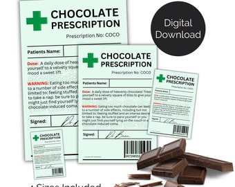 Chocolate Prescription Label. Printable novelty gift. Easter gift for children and adults. Digital download, PNG & PDF file, Print at home.