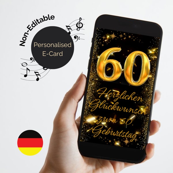 Alles Gute zum 60. Geburtstag als E-Card. Schwarz und Gold. Digital Birthday eCard in German. Animated with audio. 60th Video Birthday card.