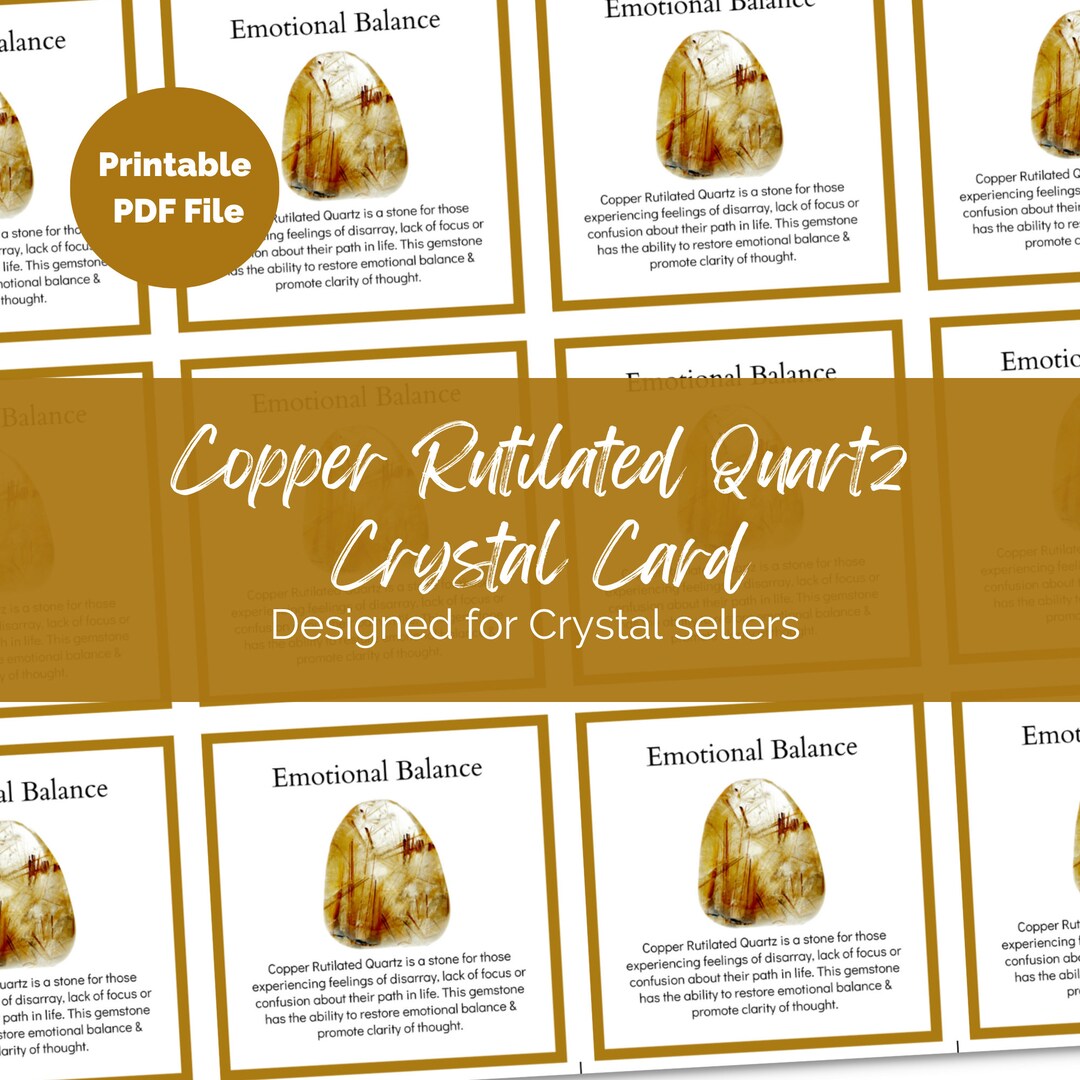 Printable Copper Rutilated Quartz Crystal Info Cards for Crystal