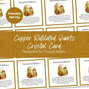 Printable Copper Rutilated Quartz Crystal info cards for Crystal Sellers Jewellery makers. Packing Inserts business use, Gemstone meanings.