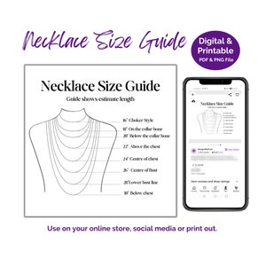 May include: A necklace size guide with a diagram showing different lengths of necklaces on a stylized human figure. The guide includes measurements in inches and descriptions of where each length falls on the body, such as "Choker Style", "On the collar bone", and "Below chest".