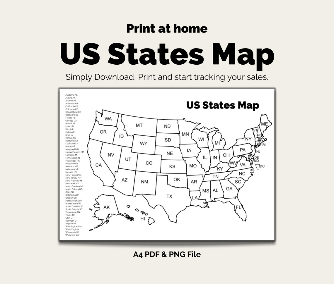 Printable US States Map. Etsy United States Sales Tracker. A4 Etsy