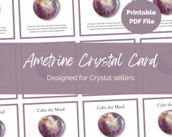 Ametrine Crystal information card for Crystal Sellers, Jewellery makers. Printable A4 UK PDF file Packing Inserts, Gemstone meanings.