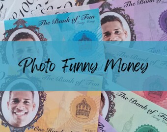 Printable funny money bank notes in pounds. Personalised photo play money. Party money, drink voucher, casino nights. Fake money.