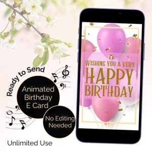 Tarjeta electrónica de cumpleaños animada con sonido, melodía de "Feliz Cumpleaños" y saludo. Tarjeta para suegra o amiga. Globos rosas. Tarjeta digital.