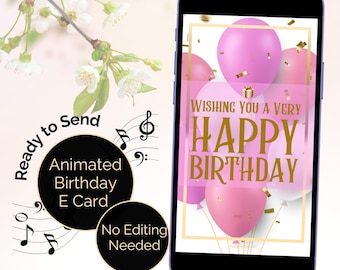 Birthday E-Card animated with sound, Happy Birthday tune and greeting. Card for mother in law or girlie friend. Pink balloons. Digital card.
