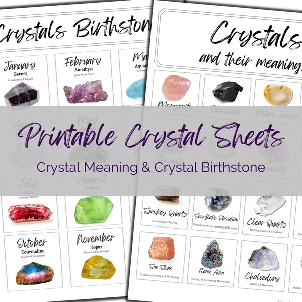 Printable Crystal Meanings & Birthstones  PDF cheat sheet. A4 Gemstone download. Print at home information card. Great for Journaling.