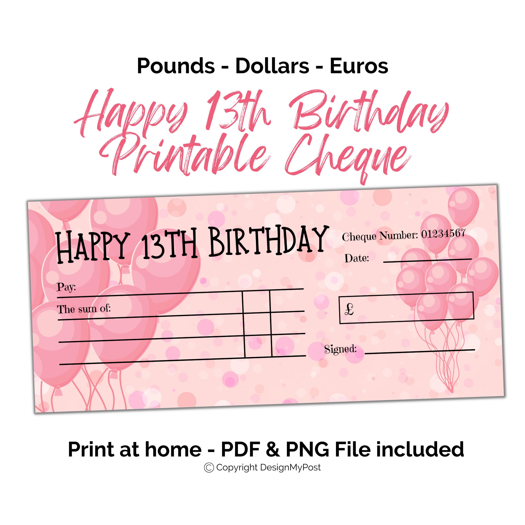 Printable 13th Birthday Cheque. Pink Blank Gifting Cheque Template
