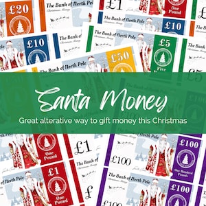 Dinheiro de Natal, notas de banco de Papai Noel para impressão em libras. Finja dinheiro de Natal divertido. Usado para jogos de tabuleiro, festas ou presentes
