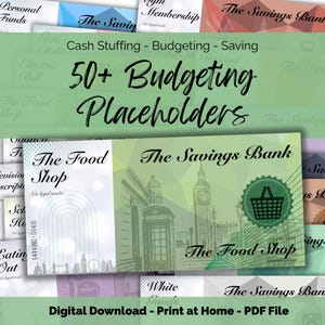 Könnte beinhalten: Ein digitaler Download-Grafik mit dem Text "50+ Budgeting Placeholders". Das Design enthält Illustrationen von Währungen und ikonischen Londoner Wahrzeichen. Die Worte "Cash Stuffing - Budgeting - Saving" sind ebenfalls vorhanden. Die Datei ist eine PDF.
