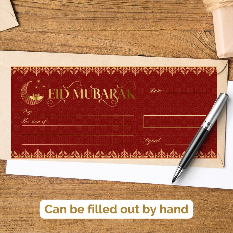 May include: A red and gold Eid Mubarak gift card with a crescent moon and star design. The card has a space to write the amount of money being gifted, the date, and a signature.