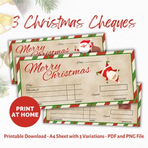 Cheque en blanco de Navidad, cheque bancario simulado. Cheque de regalo de Navidad descargable e imprimible. Idea de regalo de dinero de Navidad para familiares o amigos.
