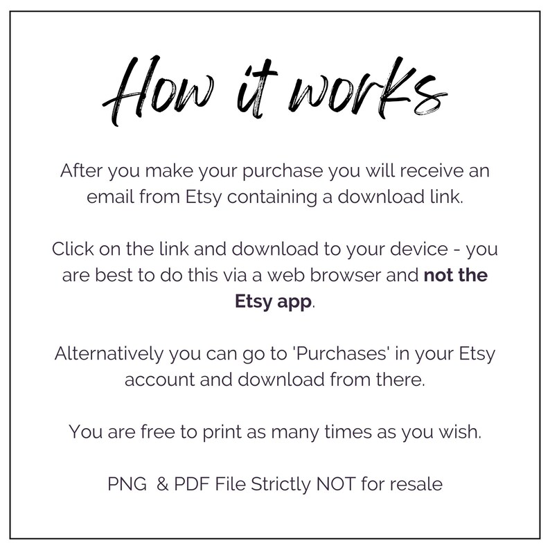 May include: A white informational graphic with black text titled How it works. It explains the digital download process: receive an email with a link, download via a web browser, access via Purchases in an Etsy account, print as desired, and note that PNG and PDF files are not for resale.