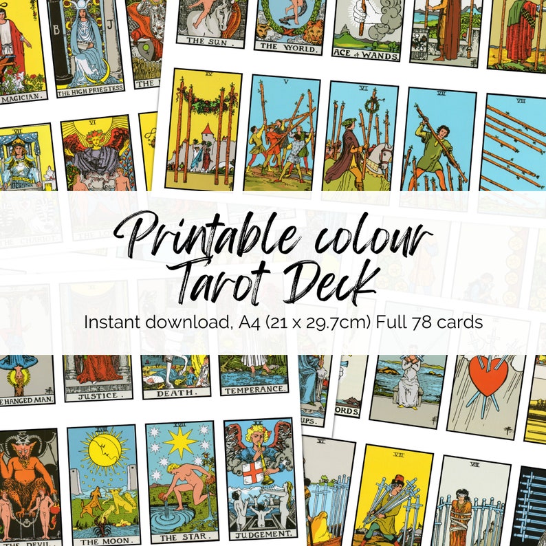 Full 78-card printable tarot deck.  A4 size (21 x 29.7cm). Instant download.  Features vibrant color images of major and minor arcana cards, including The Magician, The High Priestess, The Sun, The World, and Justice. The cards showcase classic style artwork.  Printable color tarot deck for instant download.