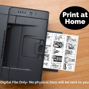 This image shows a black printer with a sheet of paper in the tray. The paper has a grid of 16 black and white images. The text on the paper reads 'Print at Home'. The text below the printer reads 'Digital File Only - No physical item will be sent to you'.