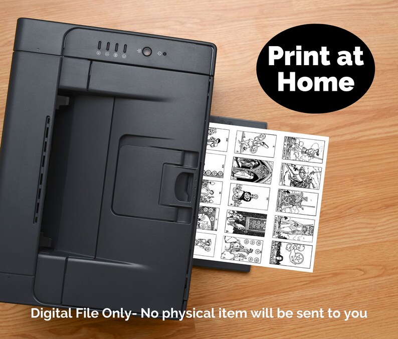 This image shows a black printer with a sheet of paper in the tray. The paper has a grid of 16 black and white images. The text on the paper reads 'Print at Home'. The text below the printer reads 'Digital File Only - No physical item will be sent to you'.