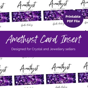 Printable Amethyst Crystal cards for Crystal Sellers & Jewellery makers A4 UK PDF file. Packing Inserts, Gemstone Properties and meanings