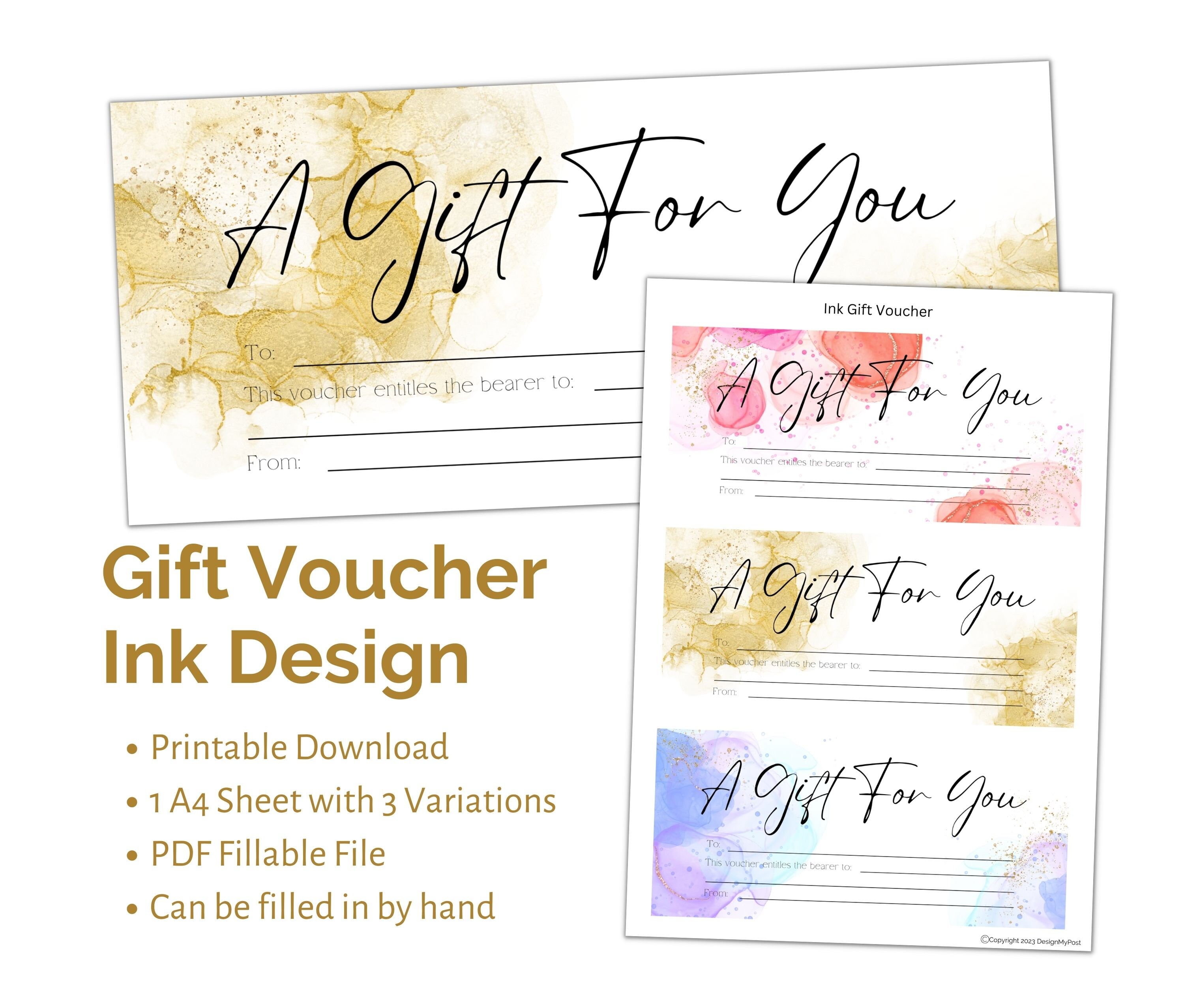 Gift Voucher Printable Template With Coloured Ink Design. PDF &amp; PNG ...