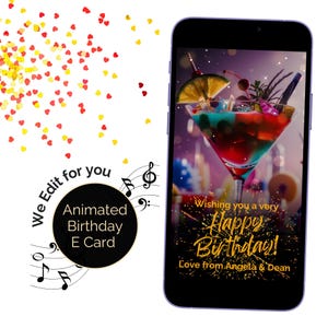 Carte E numérique avec audio. Salutations vidéo animées dans un design cocktail coloré. Toute occasion, anniversaire, anniversaire.  Modifié pour vous.