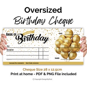 Modello di assegno regalo per compleanno vuoto. Assegno finto di grandi dimensioni stampabile. Stampa denaro regalo a casa. Assegno regalo finto.