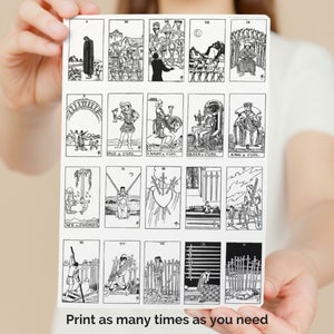 A black and white printable tarot card sheet with 16 cards. The cards include the Ace of Swords, Knight of Cups, Queen of Cups, King of Cups, and more. The text on the sheet reads 'ACE A SWORDS', 'KNIGHT A CURS', 'QUEEN A CUPS', 'KING A CUPS', and 'Print as many times as you need'.