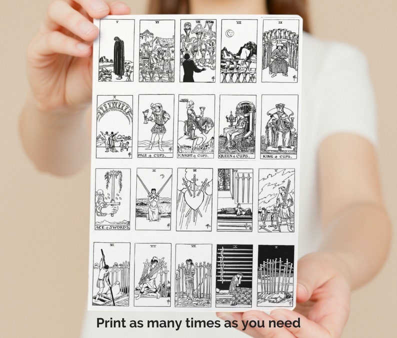 A black and white printable tarot card sheet with 16 cards. The cards include the Ace of Swords, Knight of Cups, Queen of Cups, King of Cups, and more. The text on the sheet reads 'ACE A SWORDS', 'KNIGHT A CURS', 'QUEEN A CUPS', 'KING A CUPS', and 'Print as many times as you need'.