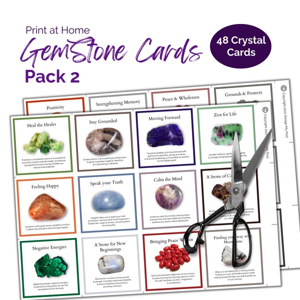 Printable Gemstone Info Cards for sellers. 48 Crystals with properties. Print at home PDF A4 Crystal card. Instant digital download.