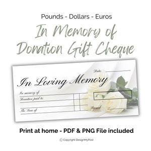 Chèque-cadeau pour un don à la mémoire d'un deuil. Don caritatif en souvenir d'un être cher perdu. Envoyez vos condoléances.