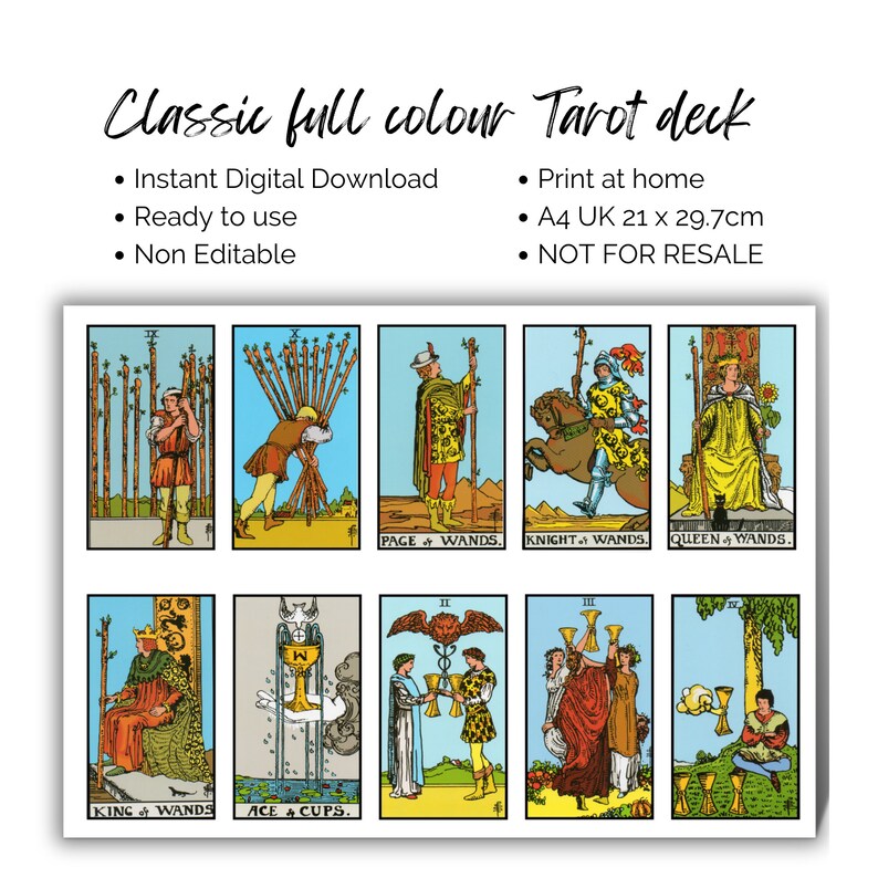 Classic full color Tarot deck digital download.  A4 size (21 x 29.7cm).  Print at home.  Includes cards depicting wands, cups, and other tarot suit imagery in a vintage style.  Ready to use, non-editable, and not for resale.  The image shows several cards from the deck, including Page, Knight, Queen, and King of Wands, and Ace of Cups.  The cards feature detailed illustrations and text labels.