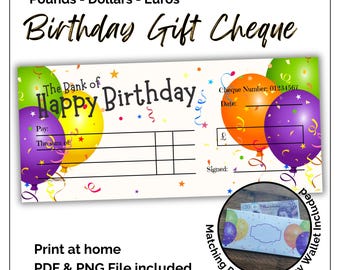 Printable Birthday Cheque and Money Wallet: Balloons Design (Digital Download)