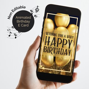 E Geburtstagskarte animiert mit Sound, Happy Birthday Melodie und Begrüßung. Digitale Karte, Per Telefon senden. Schwarz-Gold-Design, nicht bearbeitbar.