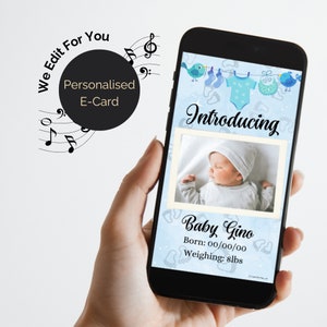 Annuncio di nascita di un neonato E-card digitale con foto. Video MP4 animato con audio. In rosa o blu. Invia tramite e-mail, testo, WhatsApp