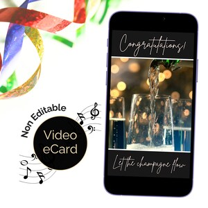 Carte virtuelle virtuelle de félicitations avec son champagne. Carte électronique de célébration pour un ami ou un membre de la famille. Carte numérique téléchargeable unisexe.