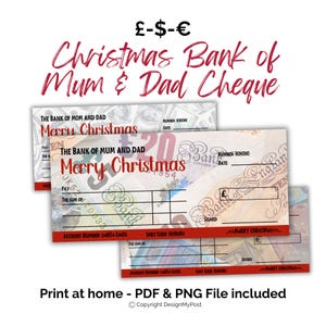 Weihnachtsbank von Mama und Papa Cheque. Geschenkcheck Vorlage Euro, Pfund, Dollar. Print at home Geldgeschenk. Digitaler Download