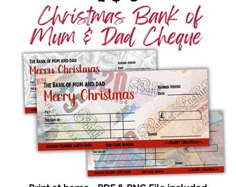 May include: A set of printable Christmas Bank of Mum & Dad cheques featuring red text that reads Merry Christmas. The cheques include fields for pay, sum, date, and number, with background imagery of various currencies and a red bottom border.