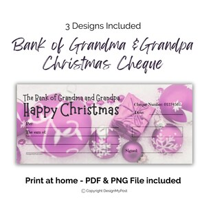 Cheque navideño en blanco para imprimir del Banco de la abuela y el abuelo. Cheque de regalo descargable. Idea de regalo de dinero navideño para abuelos
