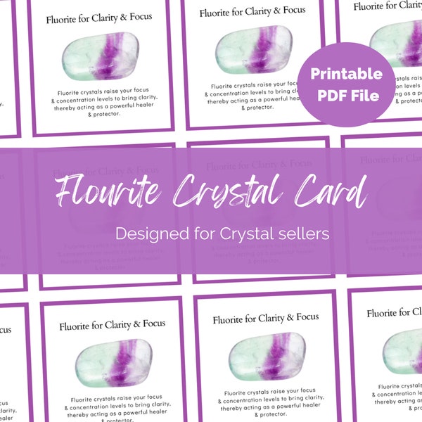 Flourite Crystal information card for Crystal Sellers, Jewellery makers. Printable A4 UK PDF file Packing Inserts, Gemstone meanings.