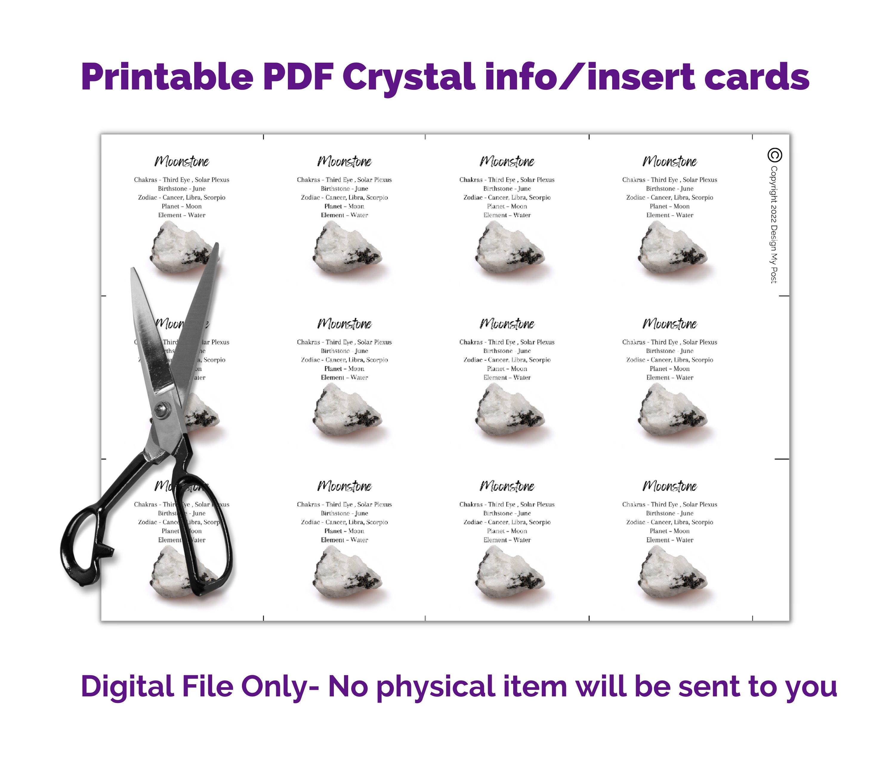 Printable Moonstone Crystal Card Inserts: Chakra, Zodiac (digital ...