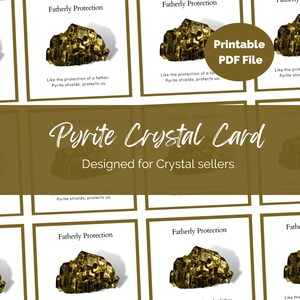 Tarjetas de información imprimibles sobre cristales de pirita para vendedores de cristales y fabricantes de joyas. Archivo PDF. Prospectos de empaquetado, significados de las propiedades de las piedras preciosas