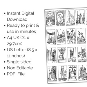 Black and white printable tarot cards. The cards are arranged in a grid of five rows and four columns. The cards include The Sun, The World, Ace of Wands, King of Wands, Knight of Wands, Queen of Wands, King of Wands, Ace of Cups.
