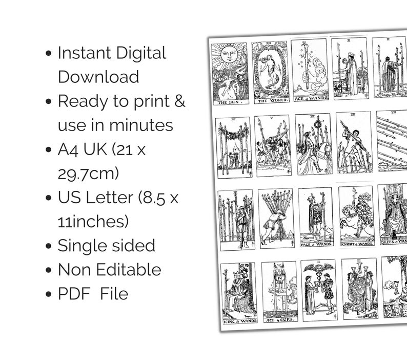 Black and white printable tarot cards. The cards are arranged in a grid of five rows and four columns. The cards include The Sun, The World, Ace of Wands, King of Wands, Knight of Wands, Queen of Wands, King of Wands, Ace of Cups.