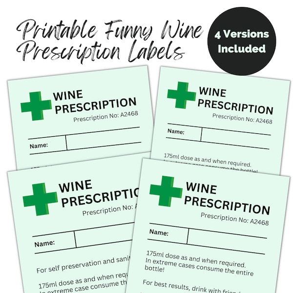 Funny Wine Prescription Label. Printable novelty gift. Digital download, PNG & PDF file. Great for gifting.