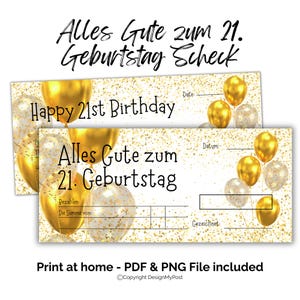 21st Birthday Cheque Template: Golden Balloons, German/English (Digital Download)