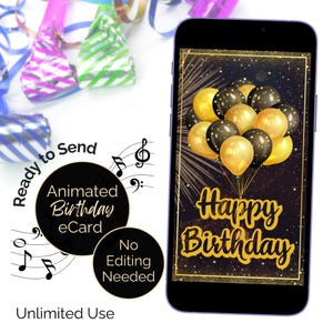 Birthday E-Card animated with upbeat Happy Birthday tune. eCard for friend or family. Digital video card with fireworks. Card for download.