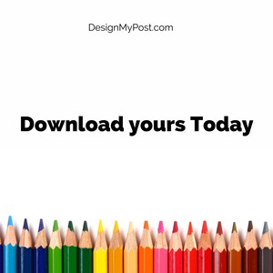以下が含まれることがあります： 白い背景に水平に並んだ色鉛筆の列。鉛筆の上に「Download yours Today」というテキストが表示されています。