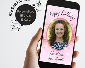 Carte personnalisée de joyeux anniversaire animée avec audio. Message d'accueil vidéo électronique numérique en rose. Carte d'anniversaire avec photo.