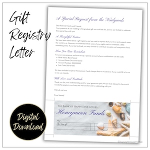 Puede incluir: Descarga digital de una carta de registro de regalos con el texto "Gift Registry Letter". La carta incluye una solicitud de contribuciones a un fondo de luna de miel, con datos bancarios y una plantilla de cheque.