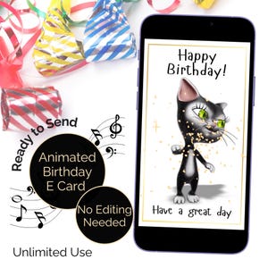 猫好きの方への誕生日ビデオ E カード、音楽付きアニメーション、ハッピーバースデー チューン「Dancing Cat」、動物の世話をする方へのデジタル カード グリーティング e カード。