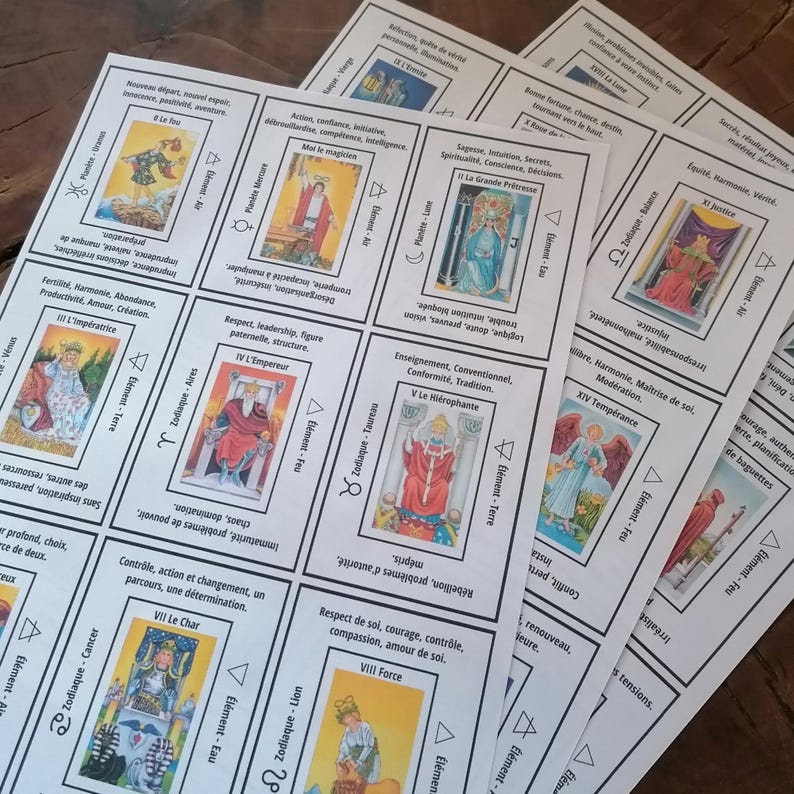 Jeu de tarot imprimable avec mots-clés, feuilles de triche A4, significations des cartes de tarot, débutants, outils de divination. image 2