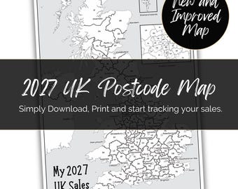May include: A black and white 2027 UK postcode map featuring regional boundaries and city labels. The document includes a circular badge stating New and Improved Map and text reading 2027 UK Postcode Map, Simply Download, Print and start tracking your sales, and My 2027 UK Sales.